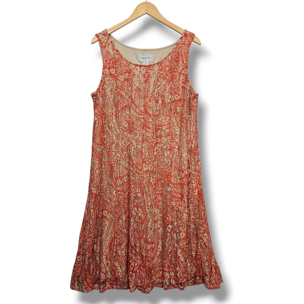 Chelsea Suite Dress 14W Lace Overlay Orange Tan Stretch Fairy Valentines‎ Day